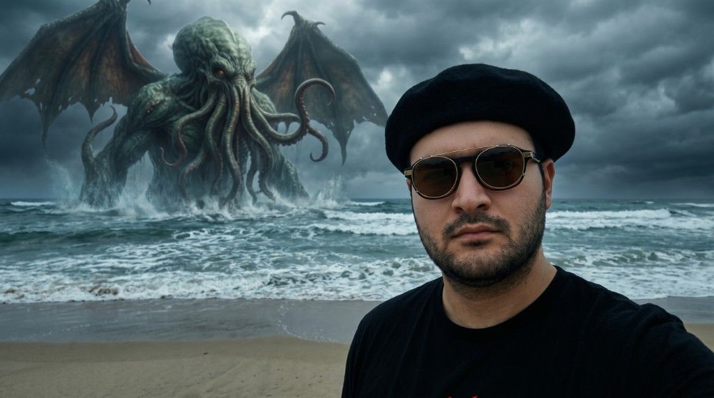 Konur taking a calm beach selfie while a giant sea creature rises behind him