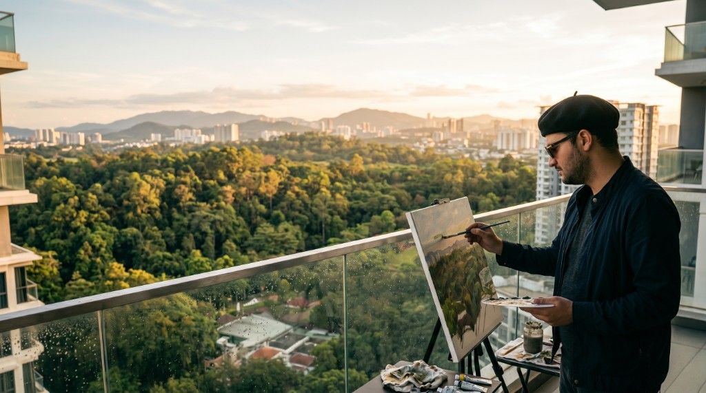 Konur painting a landscape on a balcony at golden hour